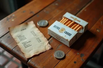 Pack de cigarettes Philip Morris posé sur une table de café espagnol avec des pièces en euros et un tarif imprimé
