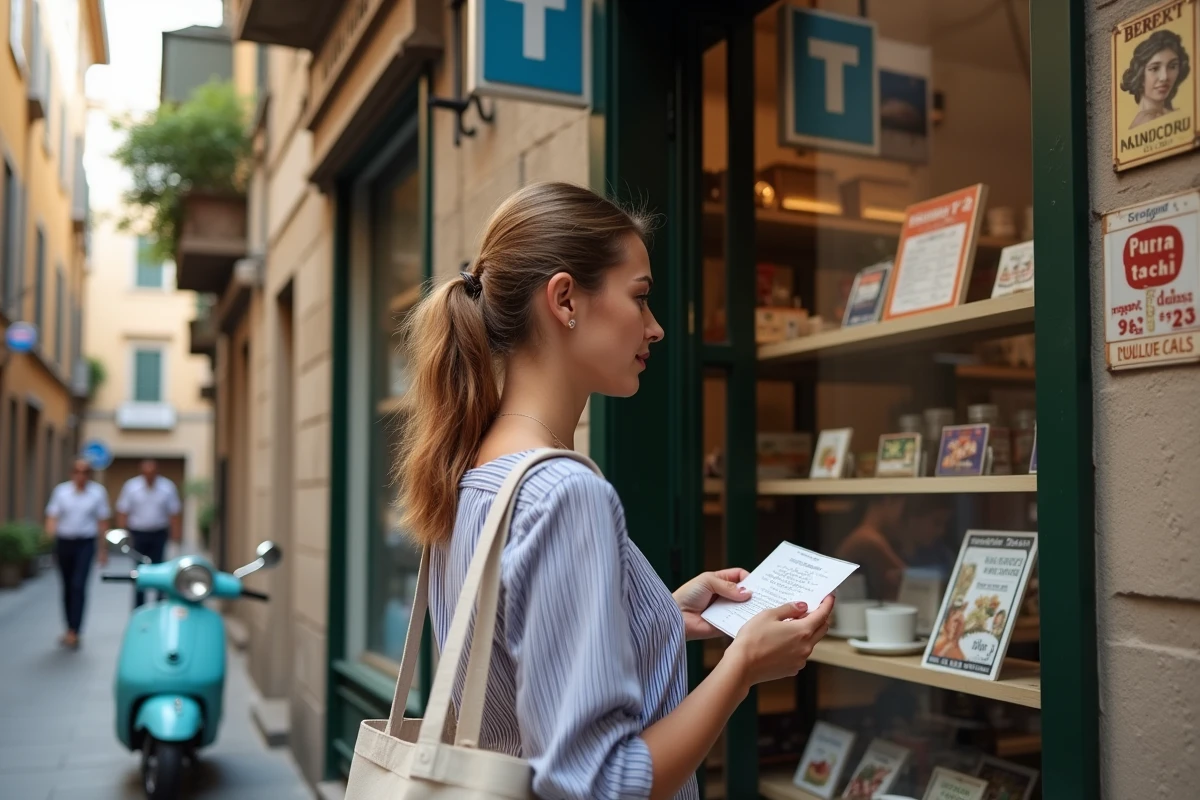 Femme devant un bureau de tabac italien regardant les prix des cigarettes affichés en vitrine