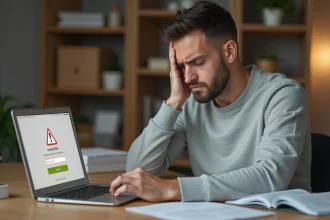 Homme frustré face à un problème de connexion bancaire sur son ordinateur portable à domicile