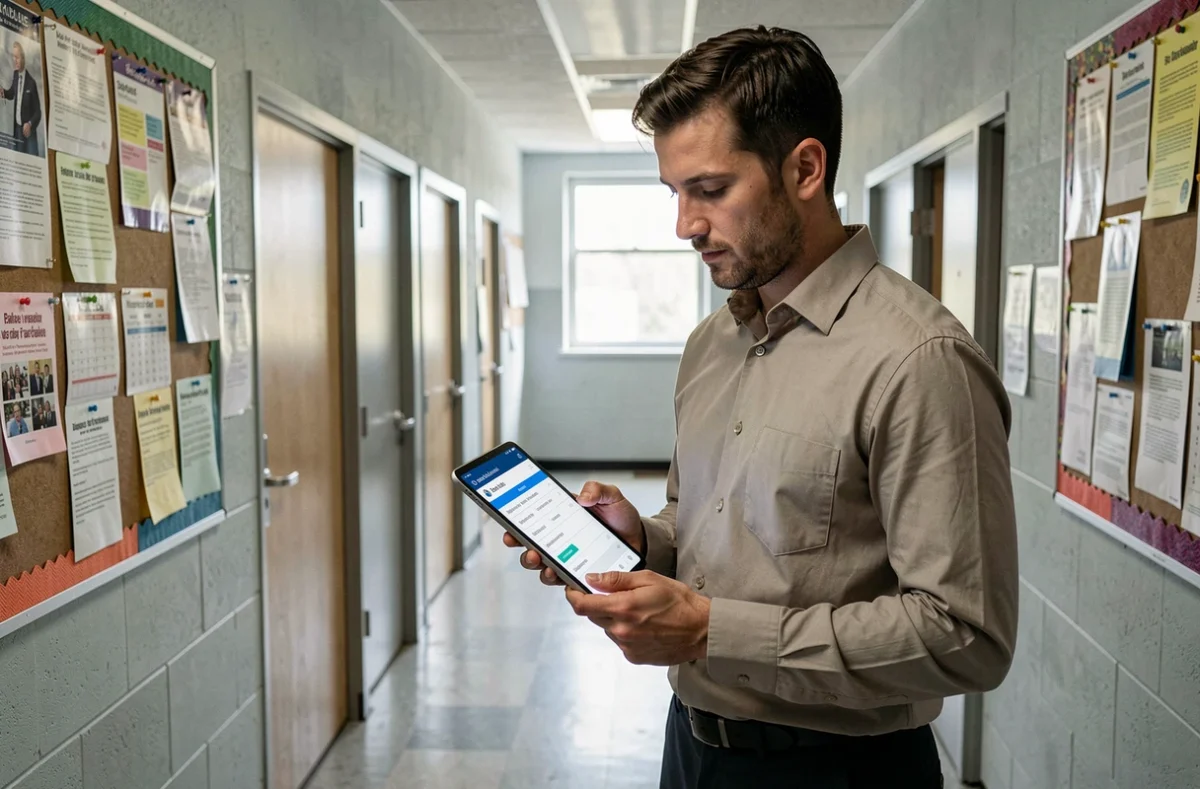 Professeur débutant consultant un portail administratif sur tablette dans un couloir d'école lors de sa première affectation