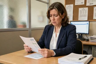 Professeure examinant ses fiches de paie dans un bureau administratif scolaire, illustrant les erreurs fréquentes de salaire des enseignants