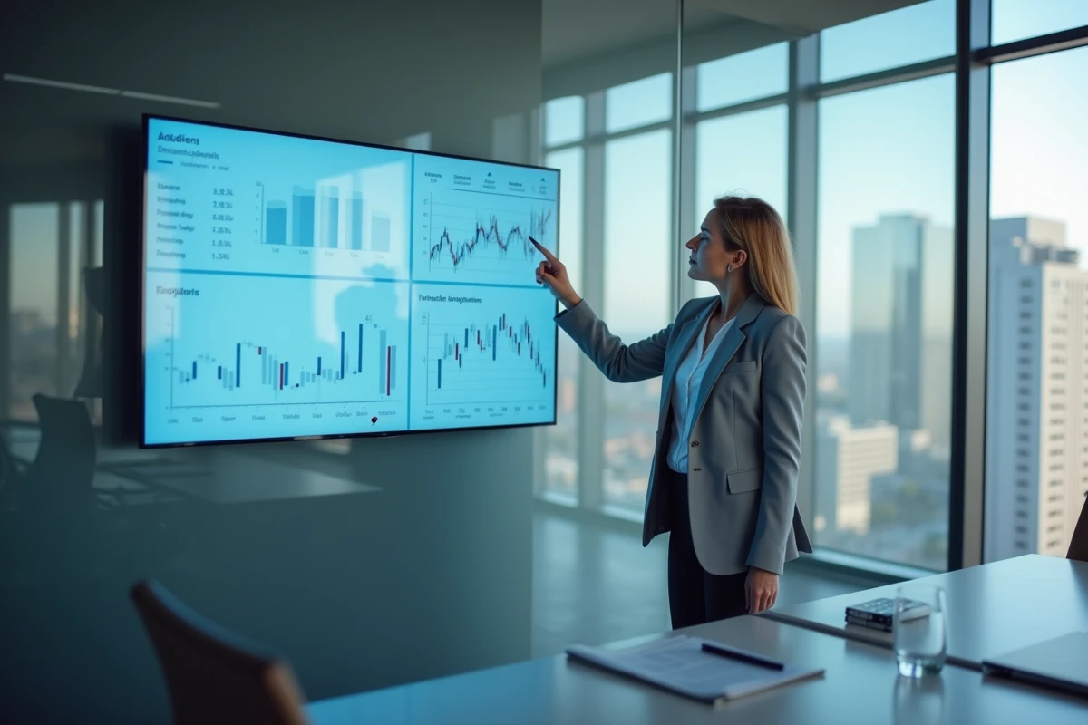 Professionnelle en finance présentant un tableau de bord de gestion de portefeuille à long terme dans une salle de réunion moderne