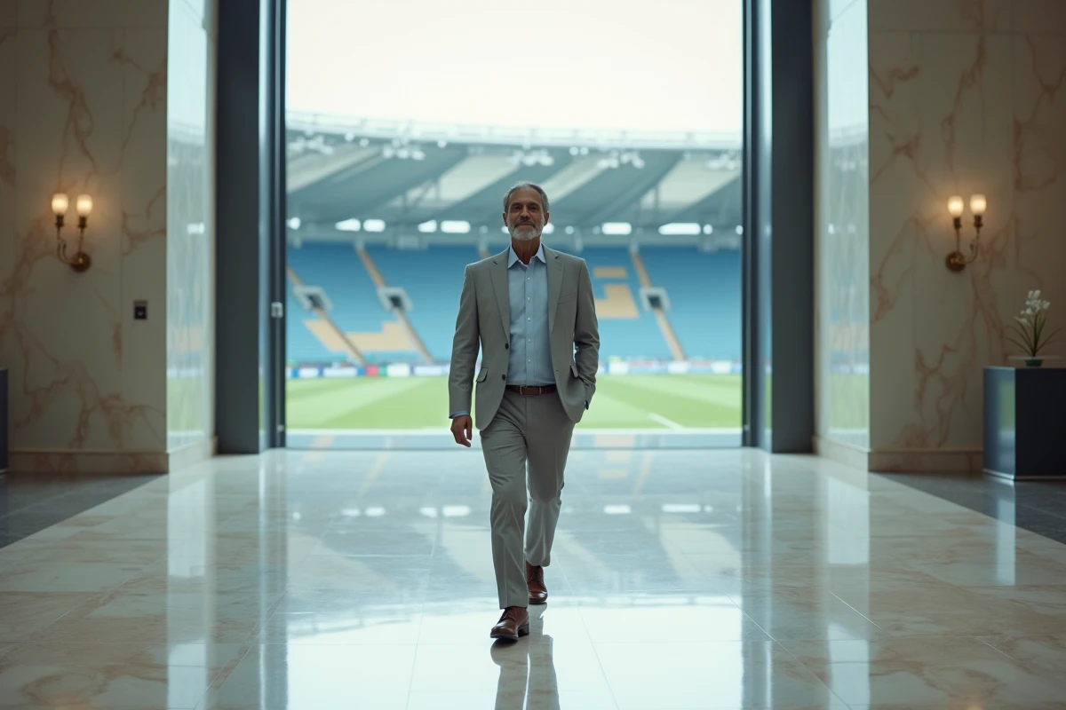 Homme d'affaires prospère traversant le hall d'un complexe sportif moderne avec un stade de football en arrière-plan, symbolisant la fortune des propriétaires de clubs