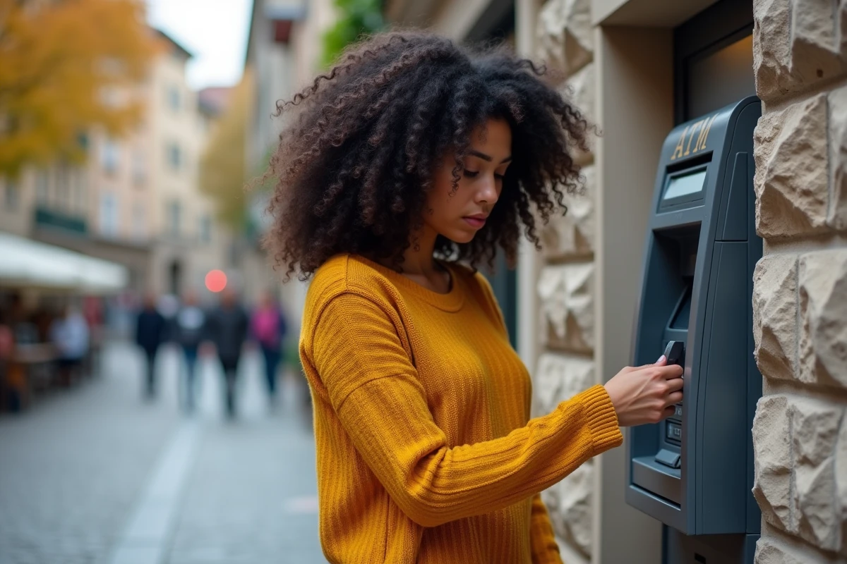 Femme protégeant le clavier d'un distributeur automatique pour éviter la fraude lors du déverrouillage de sa carte bancaire