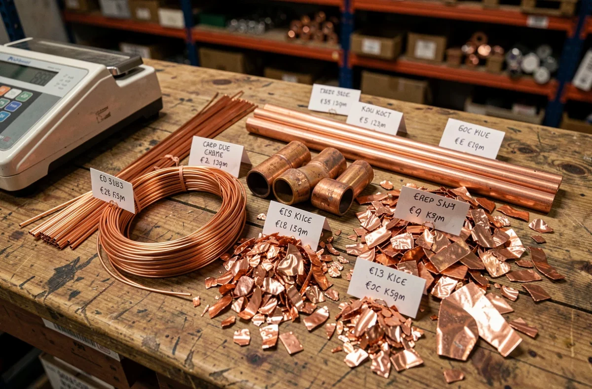 Différentes qualités de cuivre en ferraille avec étiquettes de prix au kilo sur une table en bois d'un centre de recyclage
