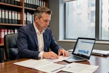 Régulateur financier examinant des rapports sur des plateformes d'investissement en ligne suspectes dans un bureau officiel