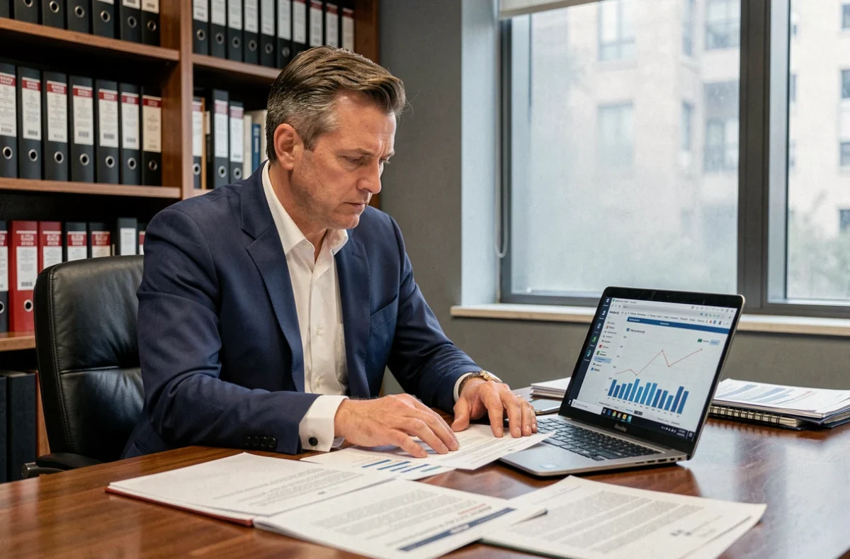 Régulateur financier examinant des rapports sur des plateformes d'investissement en ligne suspectes dans un bureau officiel