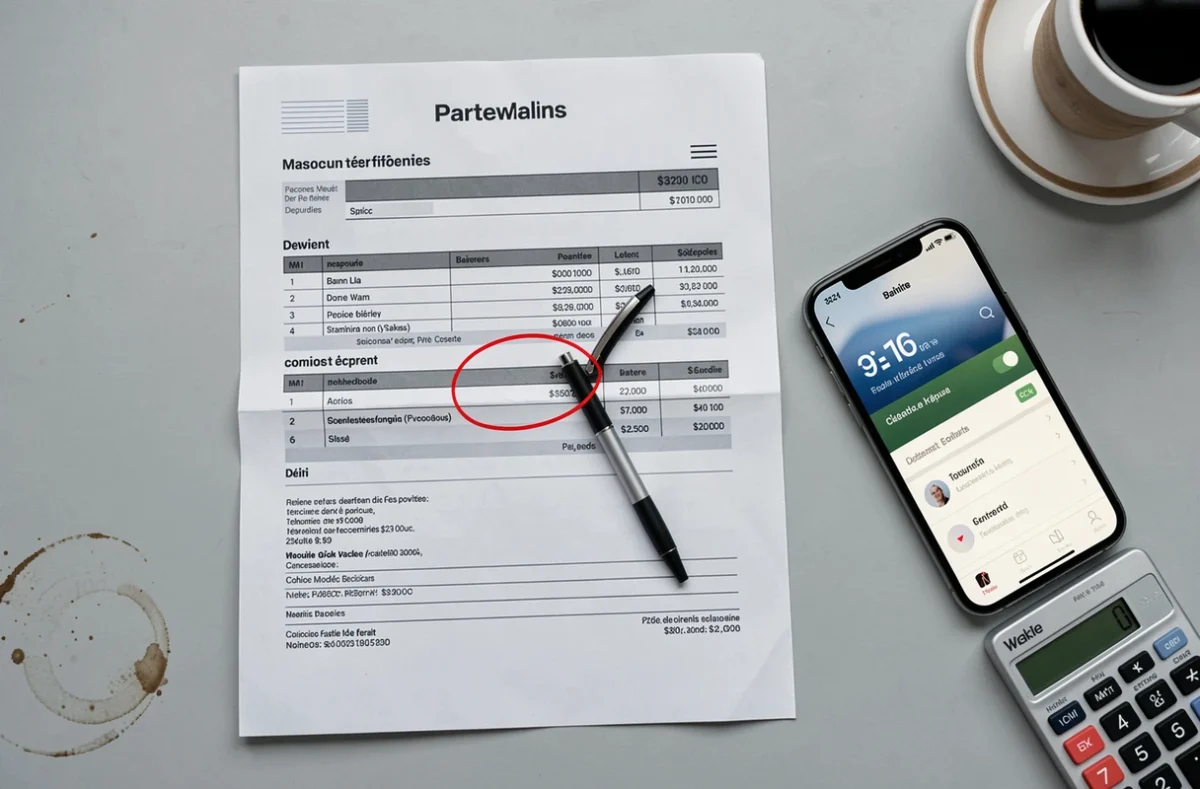 Relevé bancaire avec prélèvement ADIS entouré au stylo rouge, calculatrice et smartphone sur un bureau, impact financier 2026