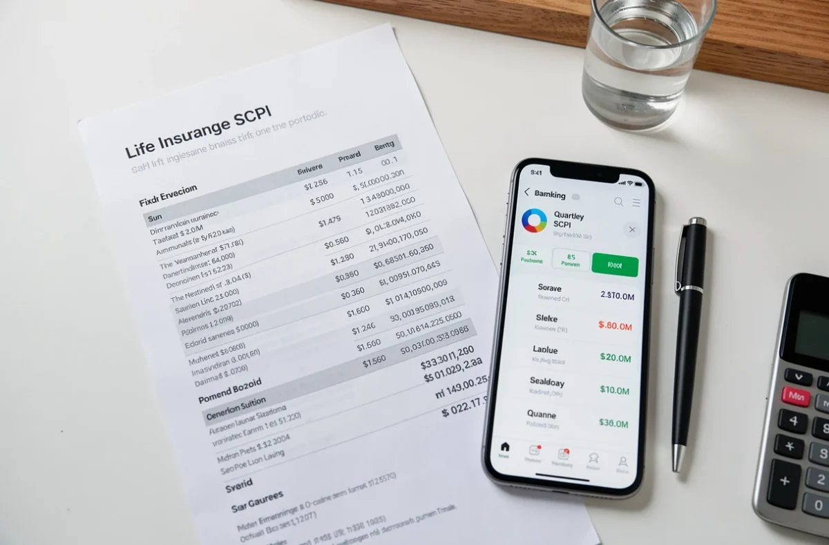 Relevé de dividendes SCPI en assurance vie posé sur un bureau avec smartphone et calculatrice