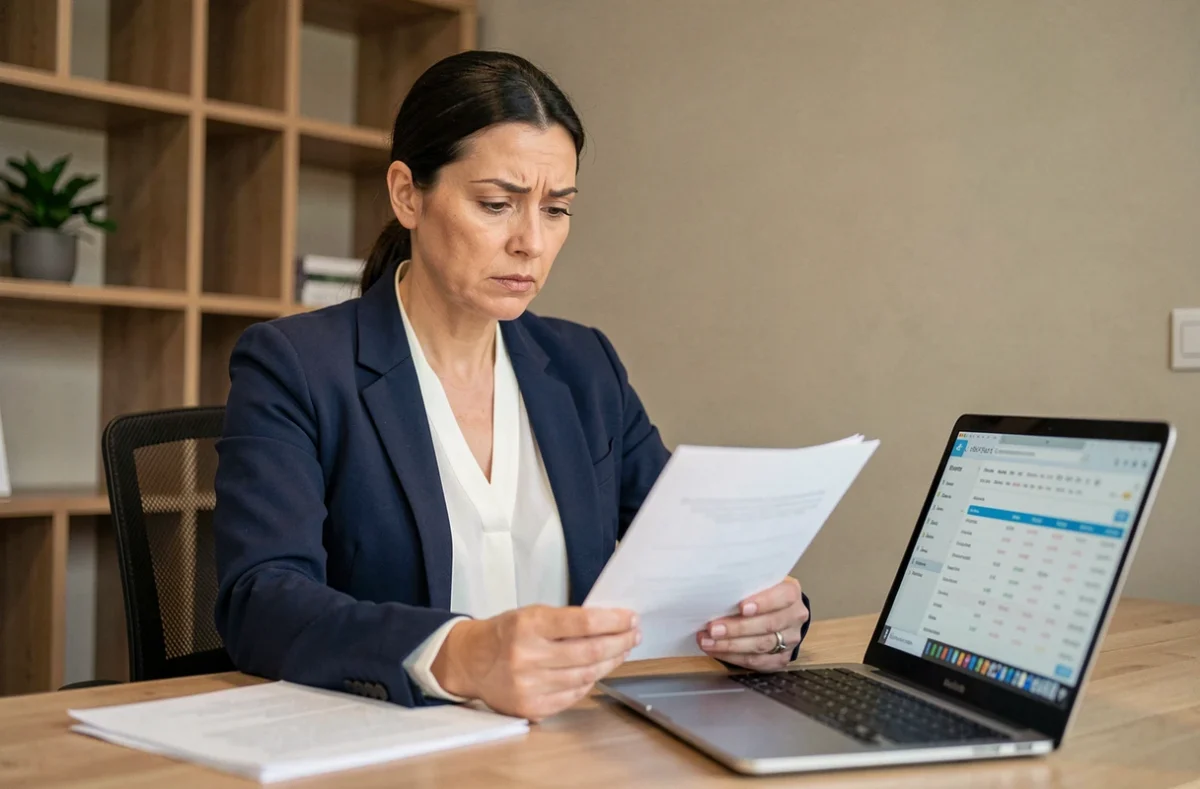 Femme consultant des documents de remboursement d'assurance emprunteur sur un crédit à la consommation