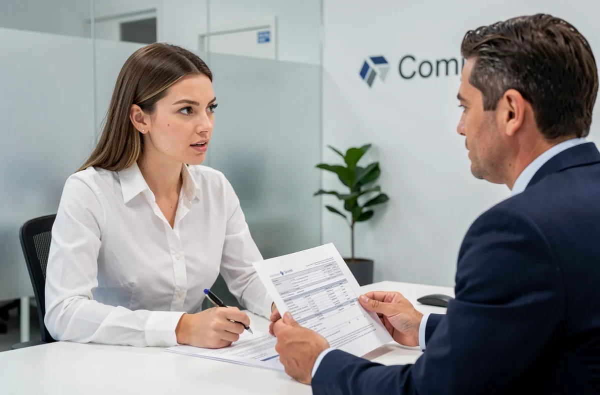Femme en rendez-vous avec un conseiller pour comparer des offres d'assurance automobile