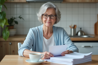 Femme de 61 ans examine documents de retraite à la maison