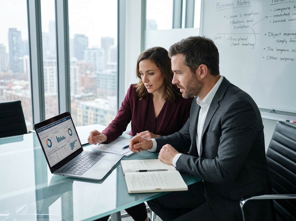 Deux professionnels en réunion analysant ensemble un outil de gestion des litiges clients