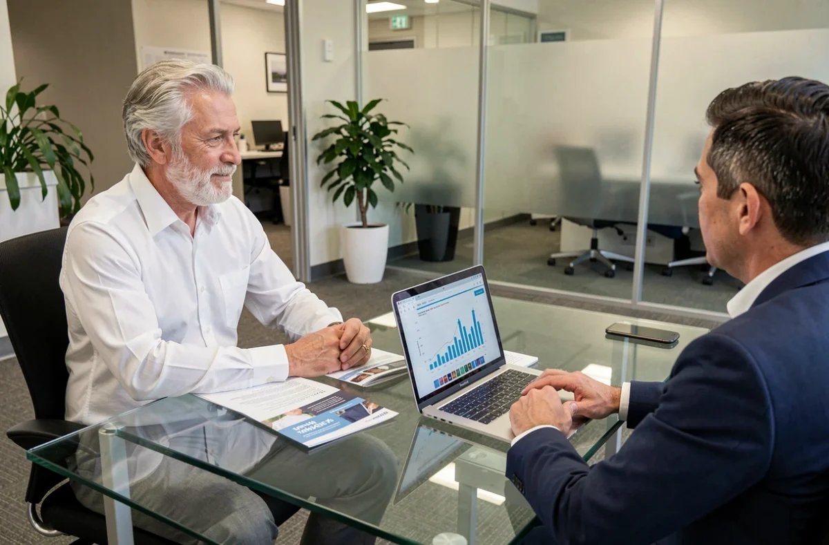 Client senior en réunion avec un conseiller financier pour comprendre les versements de dividendes SCPI