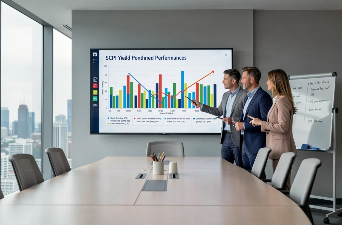 Deux conseillers financiers en réunion comparant les performances de différentes SCPI de rendement