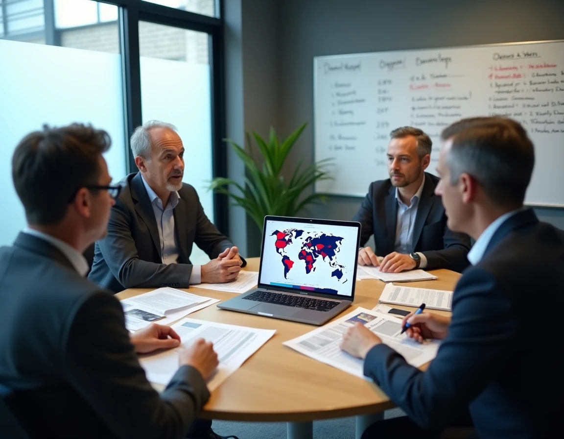 Groupe de professionnels discutant des niveaux d'endettement mondial autour d'une table de réunion avec des rapports financiers