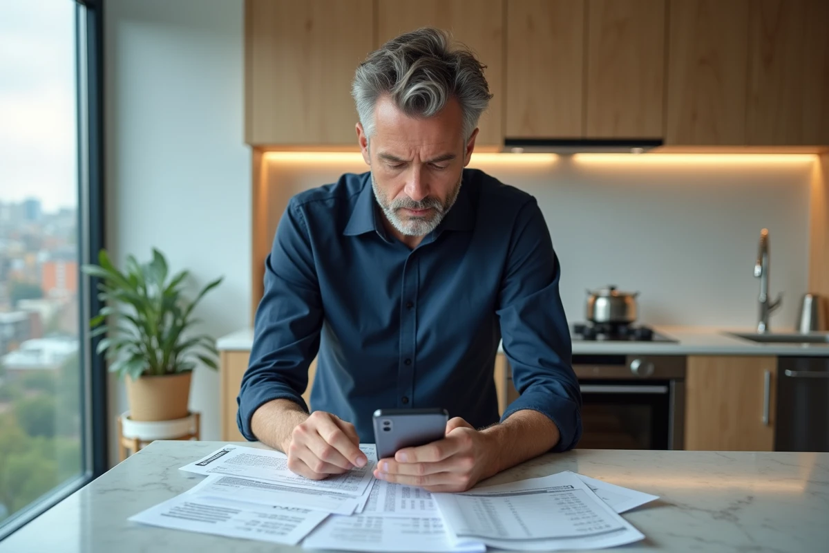 Homme consultant ses relevés bancaires et documents financiers dans une cuisine moderne pour comprendre son revenu réel