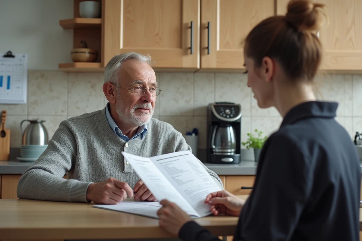 Personne âgée et aide à domicile examinant une facture pour optimiser le crédit d'impôt services à la personne Cerfa 2042