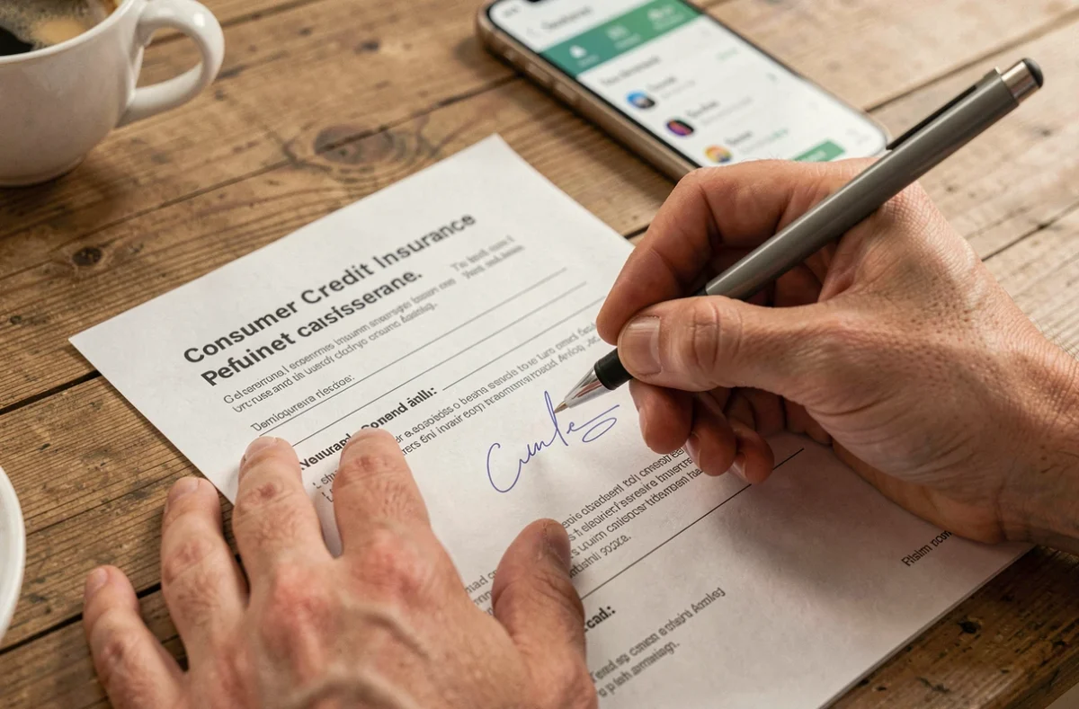 Signature d'un formulaire de remboursement d'assurance emprunteur pour un crédit à la consommation