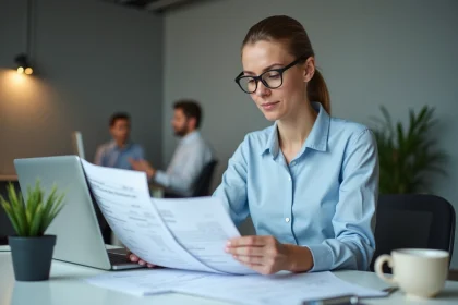 Femme cadre en bureau consultant des fiches de paie et un simulateur salaire brut net sur ordinateur portable