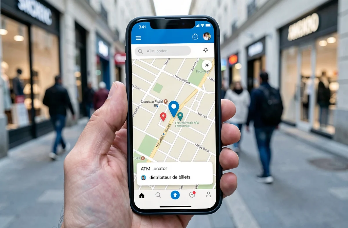 Gros plan d'un smartphone affichant une carte interactive pour repérer un distributeur de billets à proximité