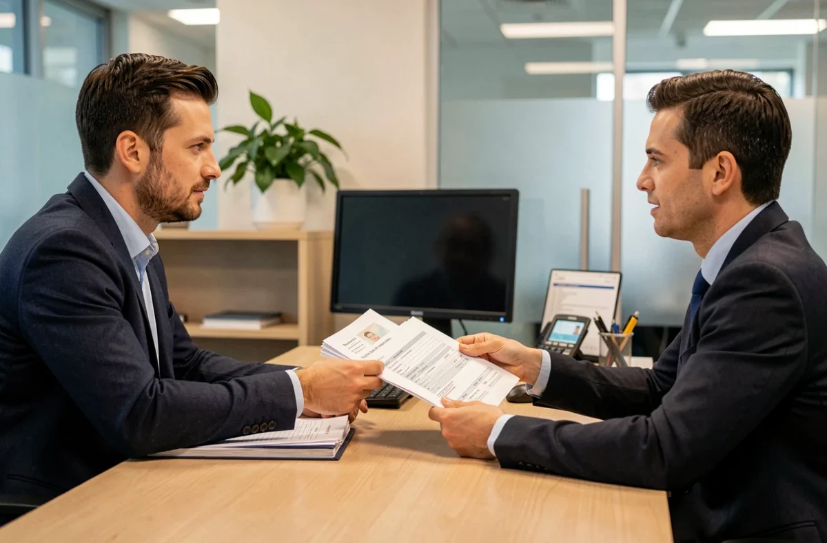Client remettant ses documents à un conseiller lors d'une souscription d'assurance auto