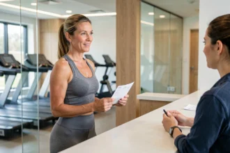 Une femme tenant une ordonnance médicale dans un centre de sport moderne, illustrant le remboursement du sport sur ordonnance par une mutuelle santé