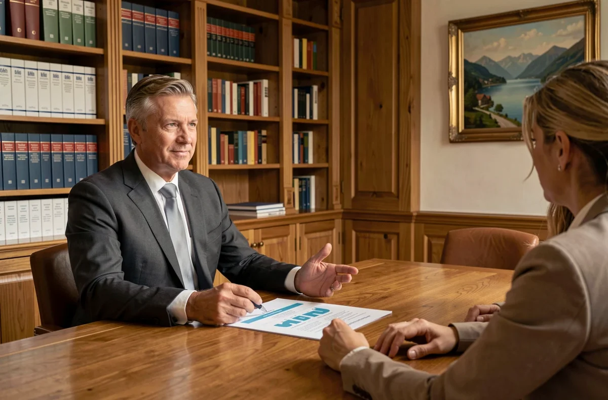 Steve Mauffrey présentant un bilan de conseil patrimonial personnalisé à des clients dans son bureau alpin raffiné