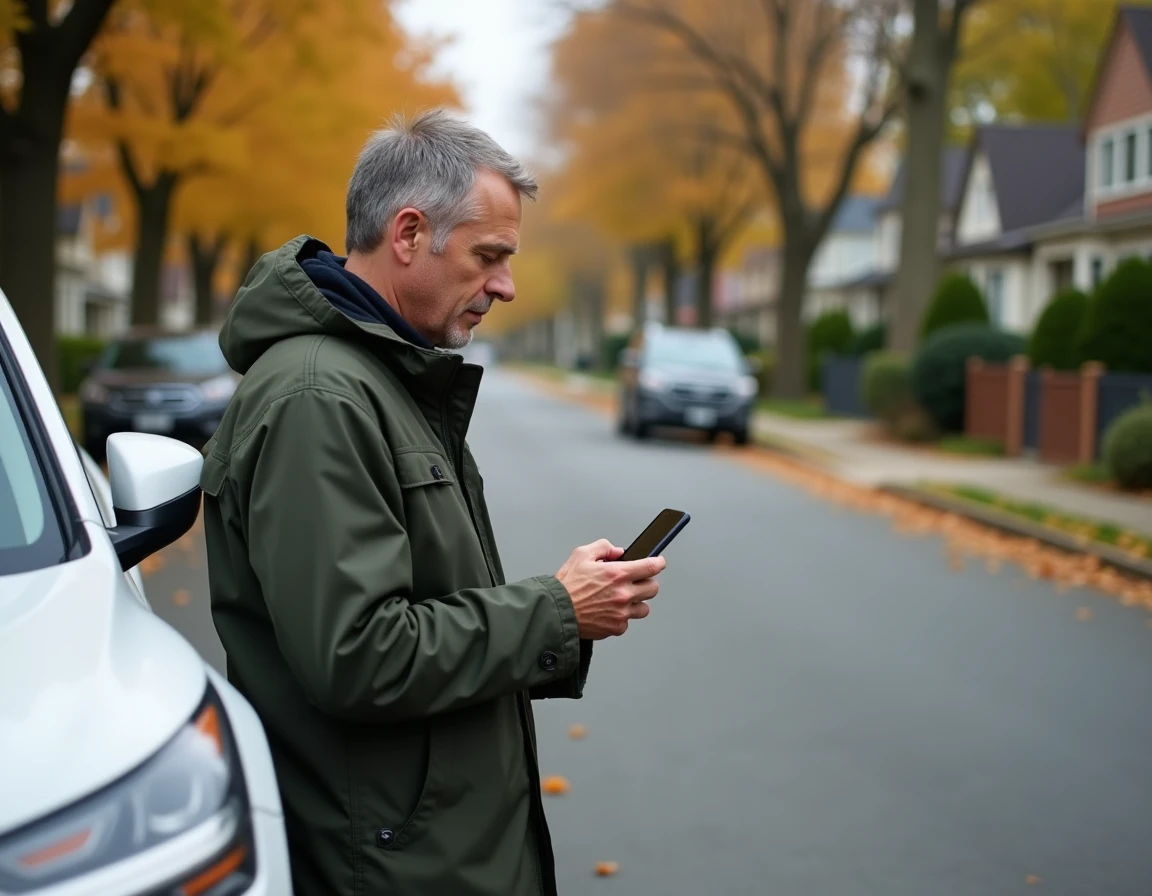 Homme consultant une application de suivi kilométrique à côté d'un SUV hybride blanc en zone résidentielle