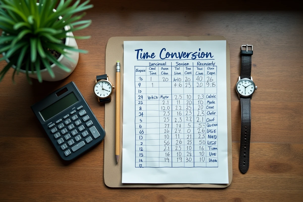 Tableau de conversion des heures en centièmes avec calculatrice et montre sur un bureau en bois