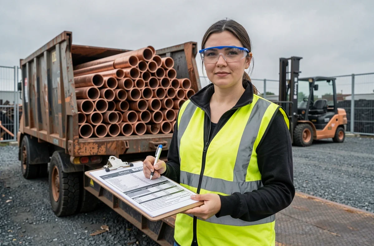 Femme technicienne en centre de rachat pesant des tuyaux en cuivre sur un pont-bascule extérieur dans une casse métallique