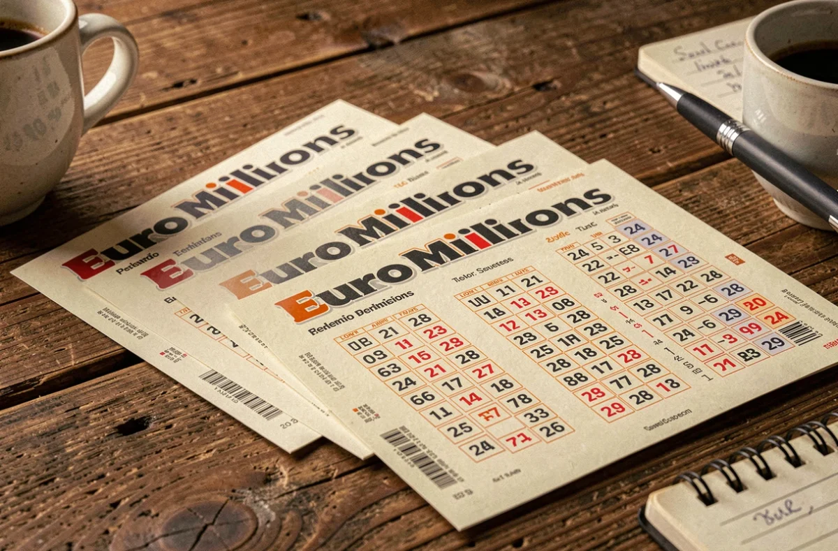 Gros plan sur des tickets EuroMillions posés sur une table en bois avec des combinaisons de numéros notées à la main