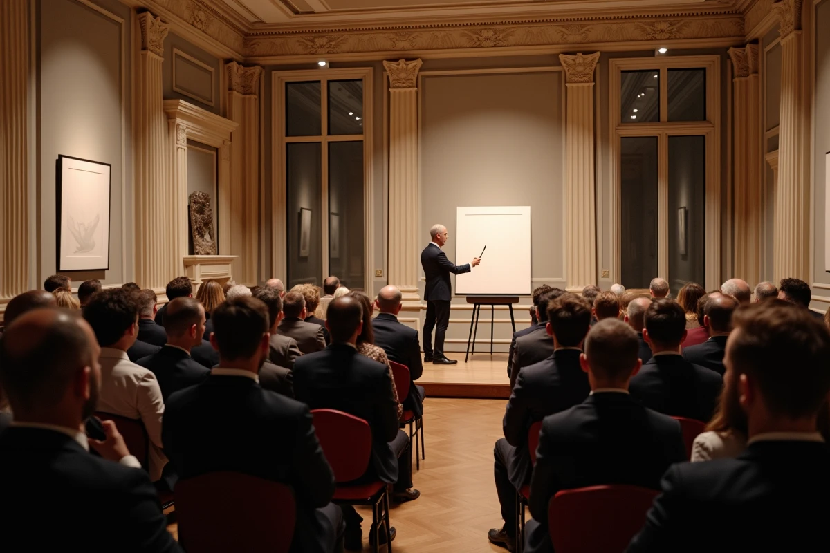 Salle de vente aux enchères d'art contemporain à Paris avec collectionneurs et commissaire-priseur