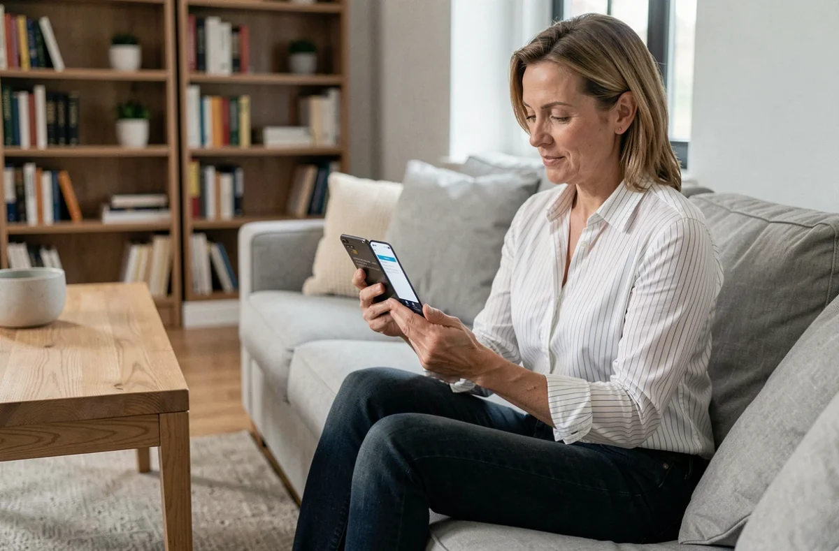 Femme vérifiant un virement Vinted avec sa carte bancaire et son téléphone, limites Mangopay en cours de consultation