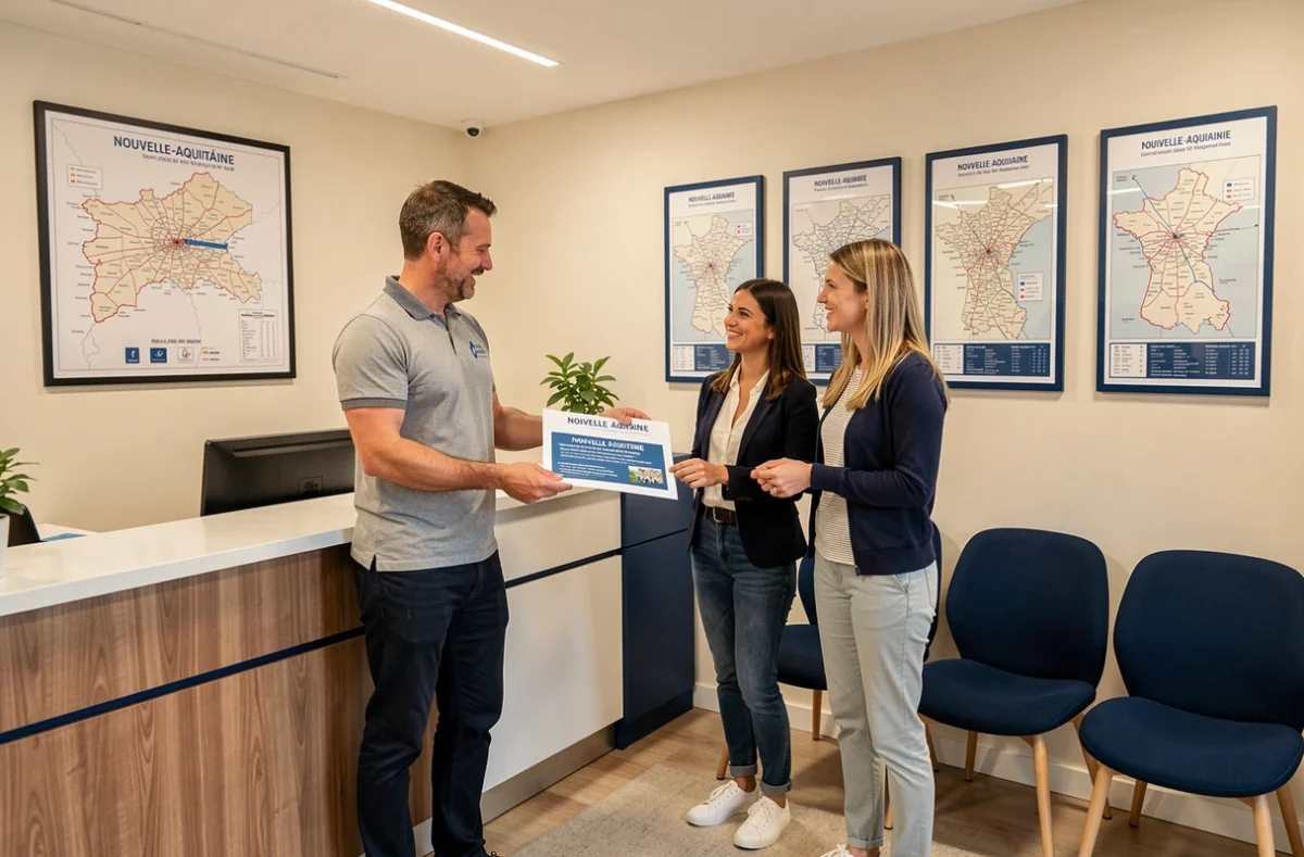 Agence Vousfinancer en réseau de franchises en Nouvelle-Aquitaine avec un courtier remettant une offre de prêt à un couple
