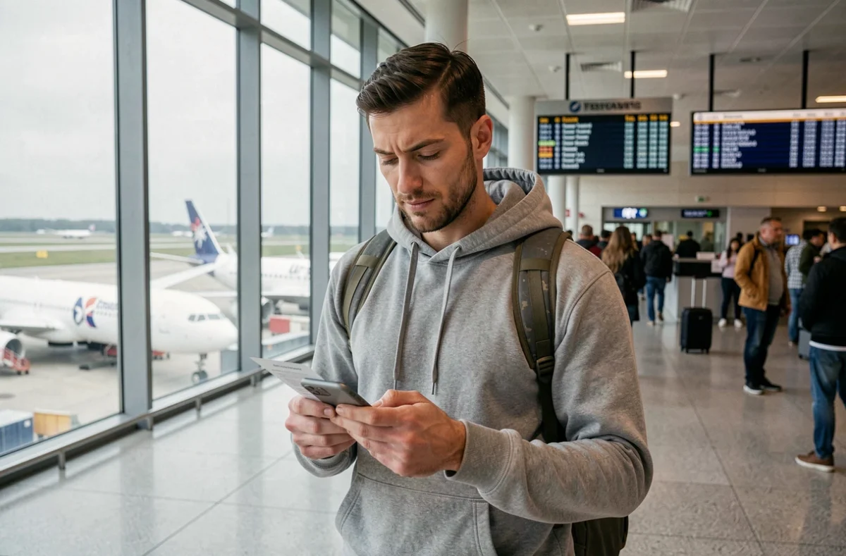Voyageur fréquent à l'aéroport consultant son billet avant un départ, illustrant l'utilité d'une assurance voyage annuelle